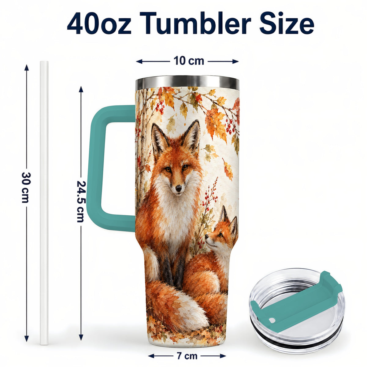 #pl[40oz|Green] Autumn Fox 40oz Tumbler with Handle, Watercolor Woodland Travel Cup