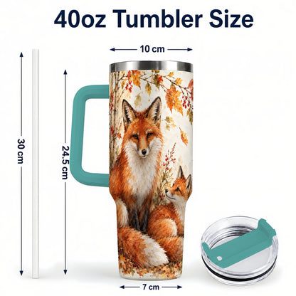 #pl[40oz|Green] Autumn Fox 40oz Tumbler with Handle, Watercolor Woodland Travel Cup