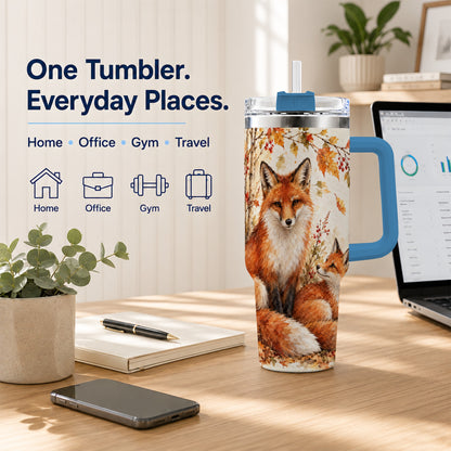 #pl[40oz|Blue] Autumn Fox 40oz Tumbler with Handle, Watercolor Woodland Travel Cup