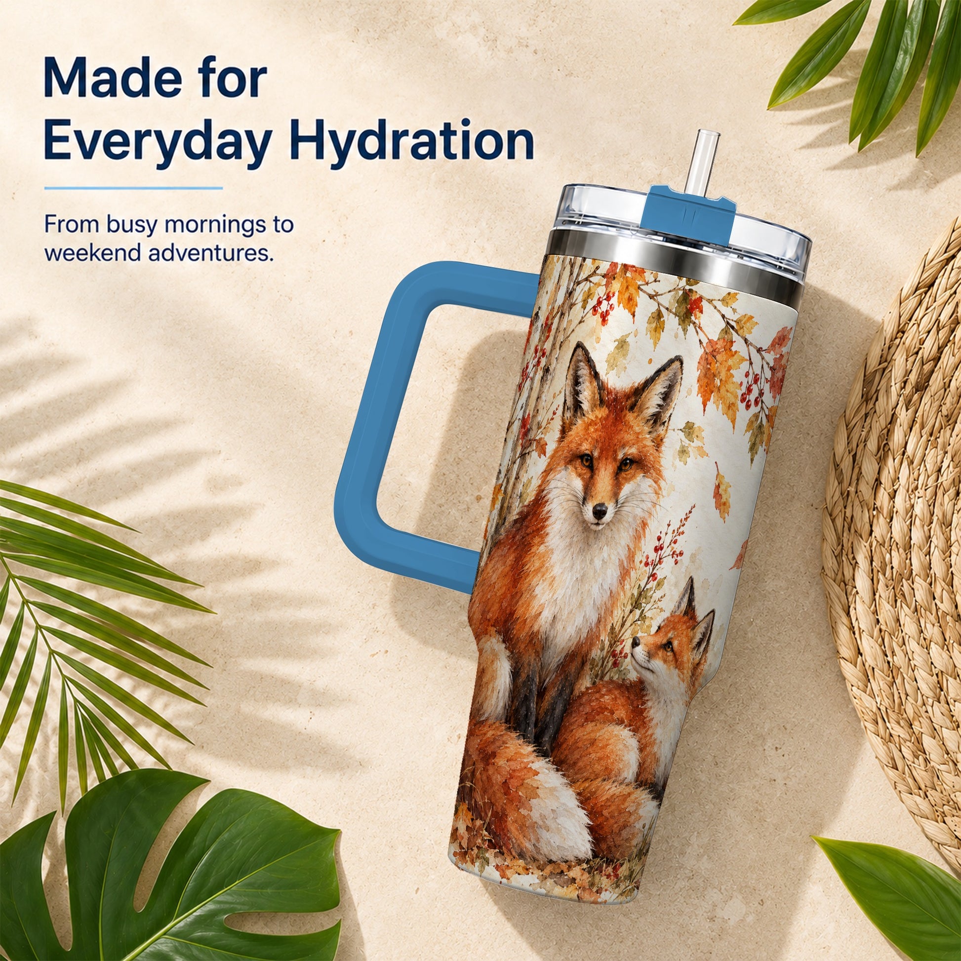 #pl[40oz|Blue] Autumn Fox 40oz Tumbler with Handle, Watercolor Woodland Travel Cup