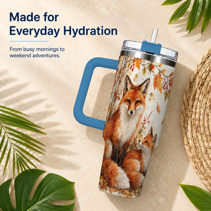 #pl[40oz|Blue] Autumn Fox 40oz Tumbler with Handle, Watercolor Woodland Travel Cup