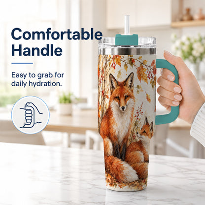 #pl[40oz|Green] Autumn Fox 40oz Tumbler with Handle, Watercolor Woodland Travel Cup