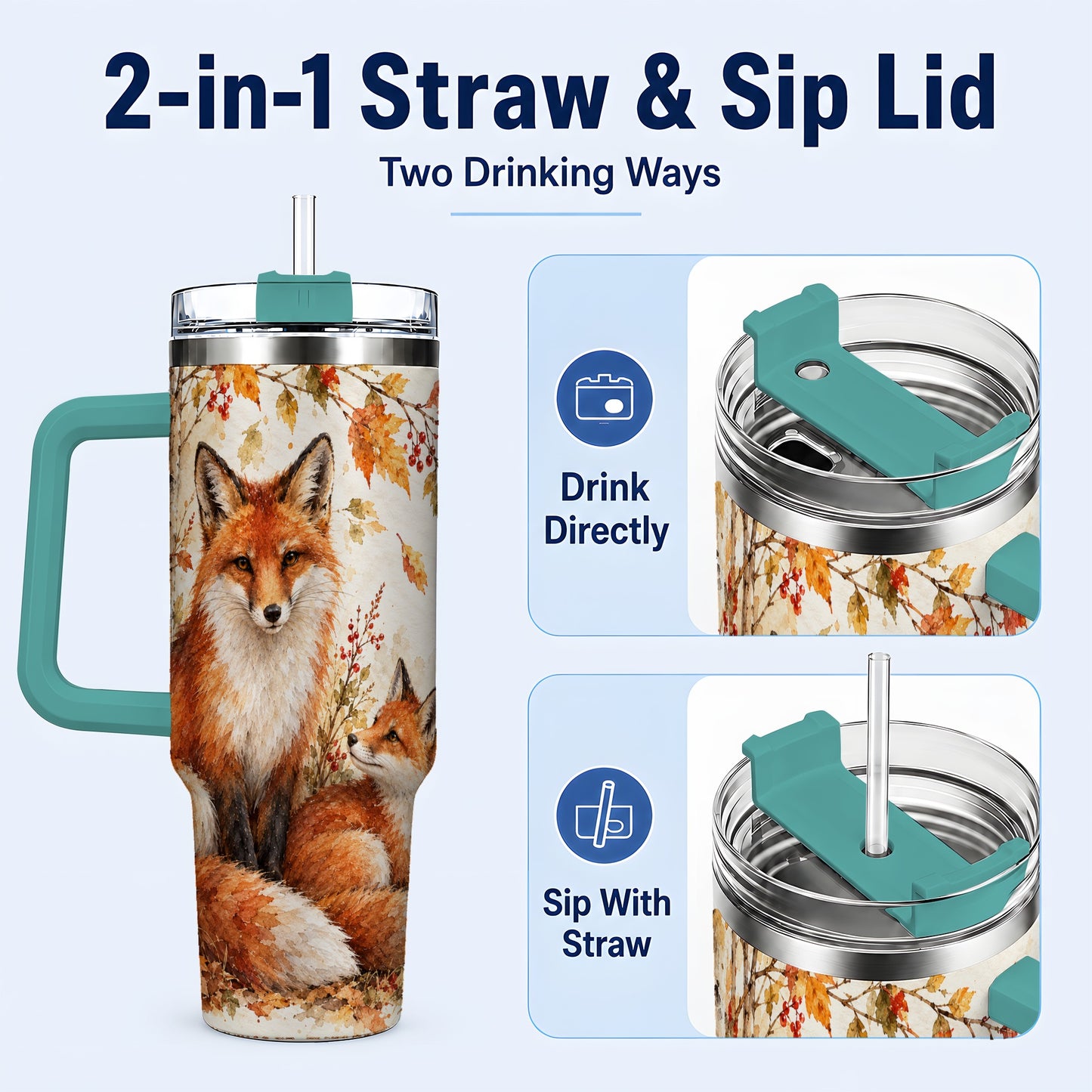 #pl[40oz|Green] Autumn Fox 40oz Tumbler with Handle, Watercolor Woodland Travel Cup