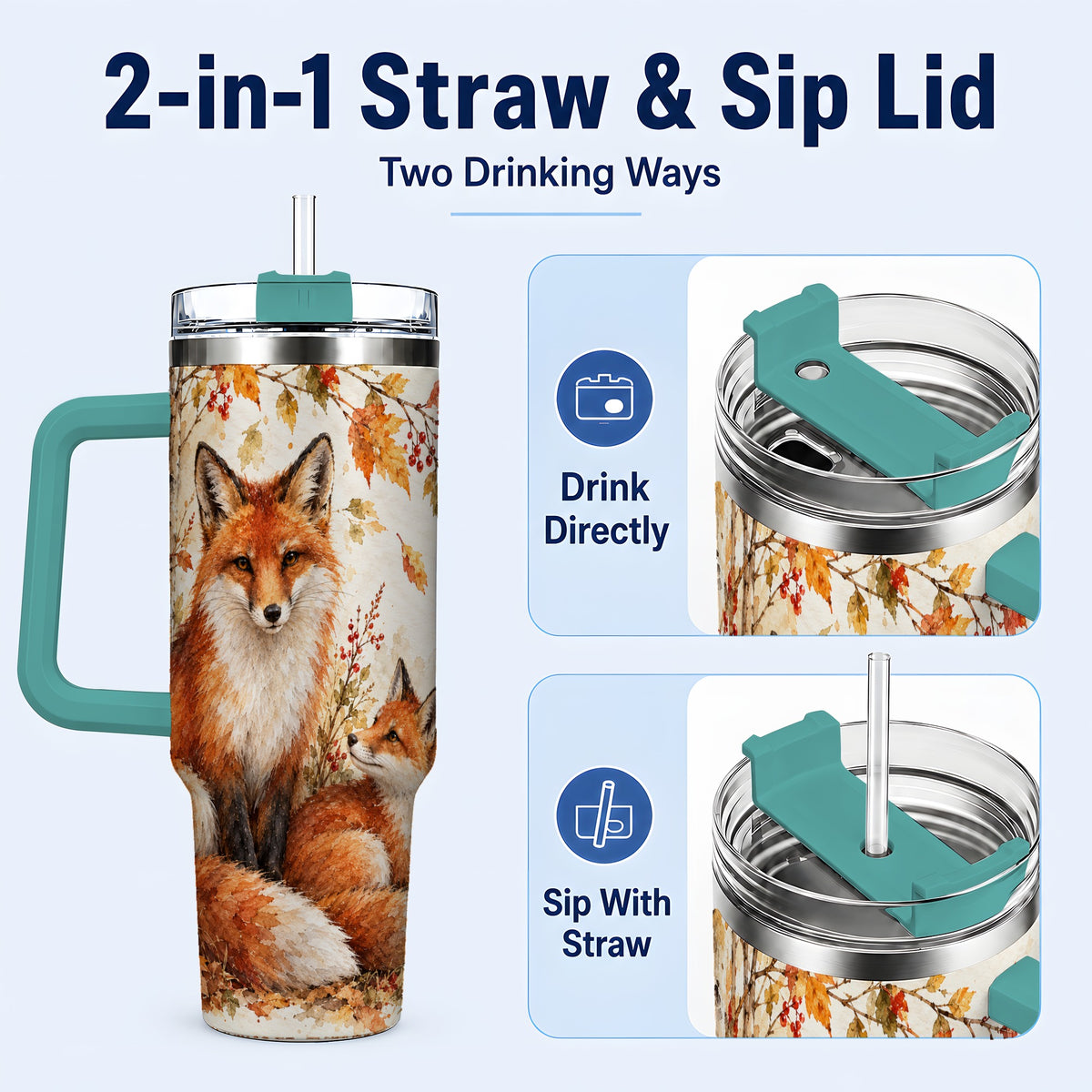 #pl[40oz|Green] Autumn Fox 40oz Tumbler with Handle, Watercolor Woodland Travel Cup