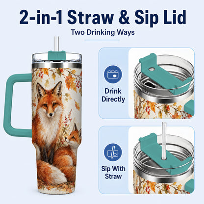 #pl[40oz|Green] Autumn Fox 40oz Tumbler with Handle, Watercolor Woodland Travel Cup