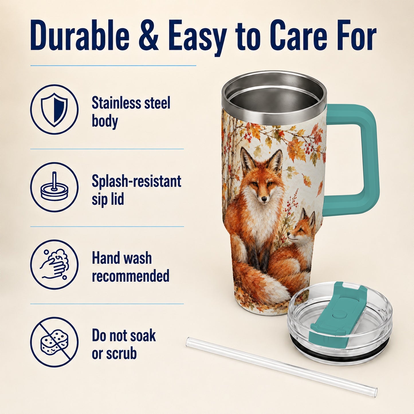 #pl[40oz|Green] Autumn Fox 40oz Tumbler with Handle, Watercolor Woodland Travel Cup