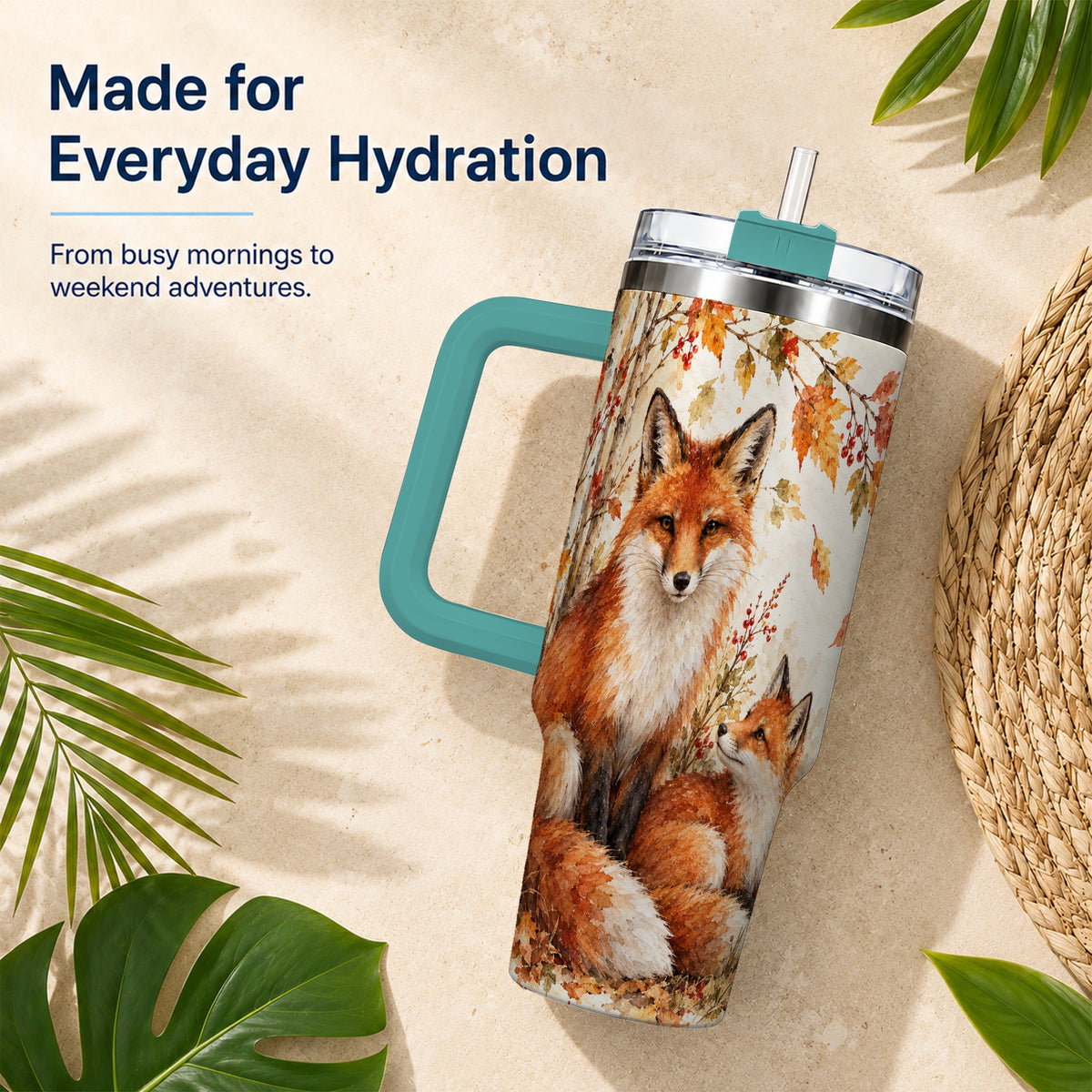 #pl[40oz|Green] Autumn Fox 40oz Tumbler with Handle, Watercolor Woodland Travel Cup