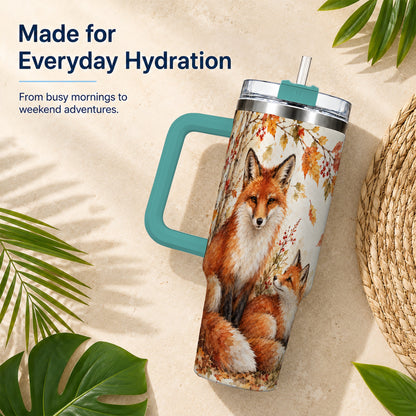 #pl[40oz|Green] Autumn Fox 40oz Tumbler with Handle, Watercolor Woodland Travel Cup