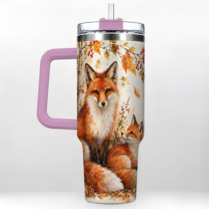 #pl[40oz|Pink] Autumn Fox 40oz Tumbler with Handle, Watercolor Woodland Travel Cup