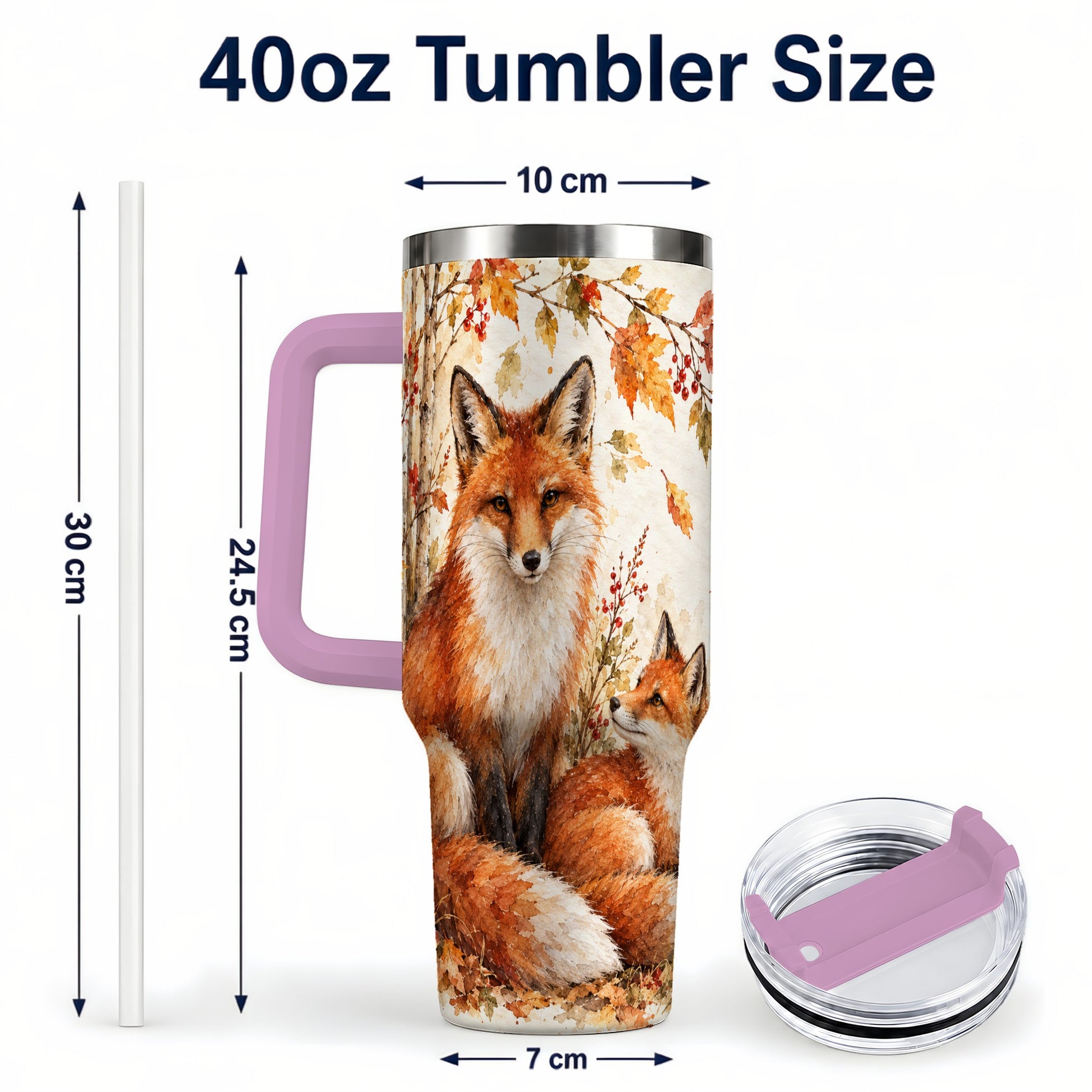 #pl[40oz|Pink] Autumn Fox 40oz Tumbler with Handle, Watercolor Woodland Travel Cup