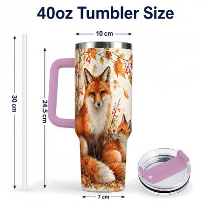 #pl[40oz|Pink] Autumn Fox 40oz Tumbler with Handle, Watercolor Woodland Travel Cup