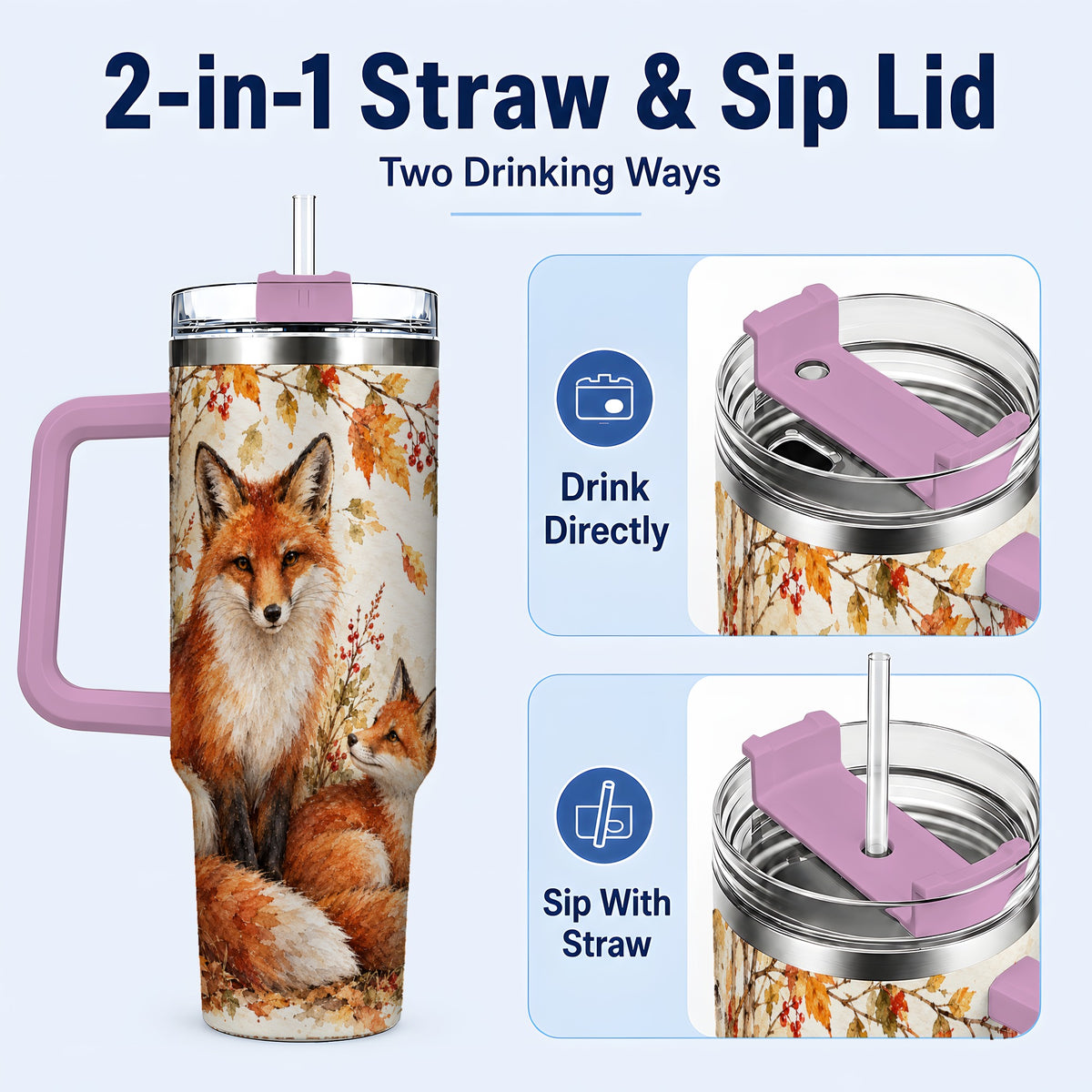 #pl[40oz|Pink] Autumn Fox 40oz Tumbler with Handle, Watercolor Woodland Travel Cup