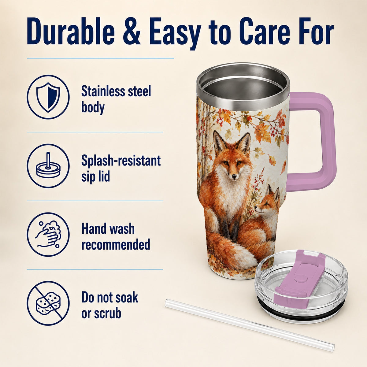 #pl[40oz|Pink] Autumn Fox 40oz Tumbler with Handle, Watercolor Woodland Travel Cup
