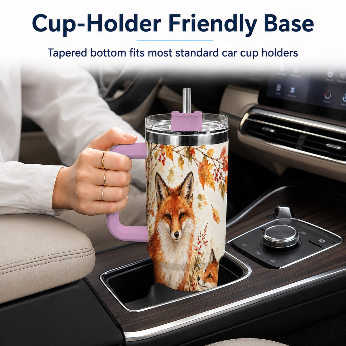 #pl[40oz|Pink] Autumn Fox 40oz Tumbler with Handle, Watercolor Woodland Travel Cup