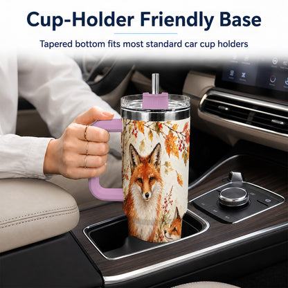 #pl[40oz|Pink] Autumn Fox 40oz Tumbler with Handle, Watercolor Woodland Travel Cup