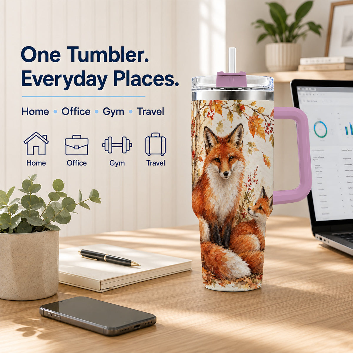 #pl[40oz|Pink] Autumn Fox 40oz Tumbler with Handle, Watercolor Woodland Travel Cup