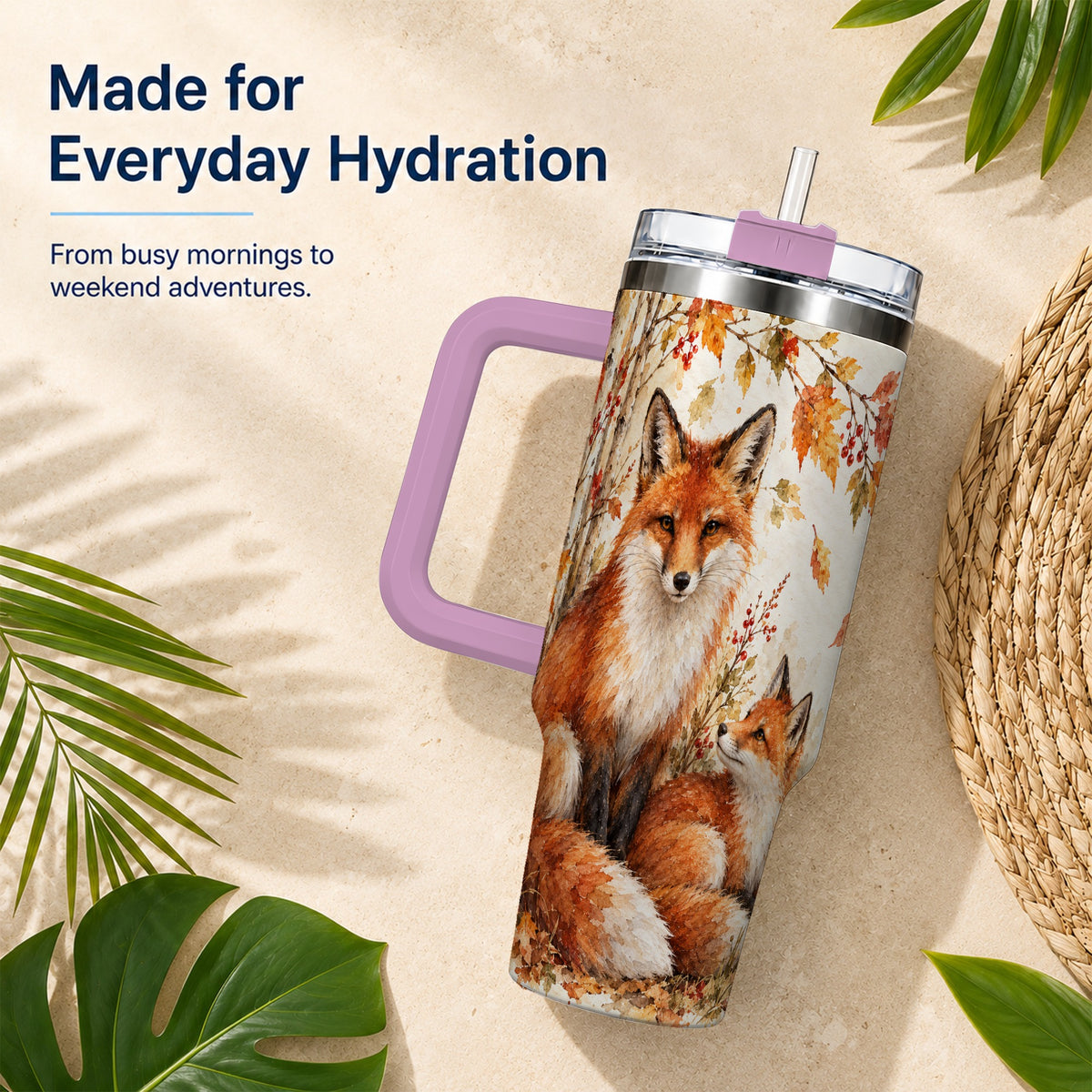 #pl[40oz|Pink] Autumn Fox 40oz Tumbler with Handle, Watercolor Woodland Travel Cup
