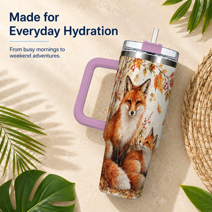 #pl[40oz|Pink] Autumn Fox 40oz Tumbler with Handle, Watercolor Woodland Travel Cup