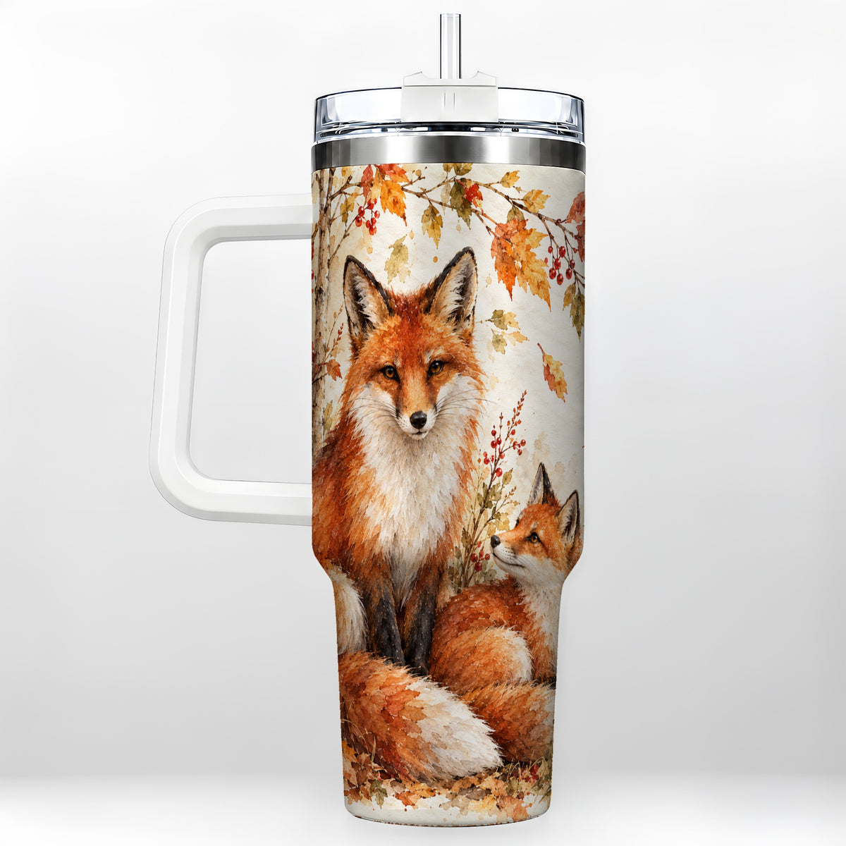 Autumn Fox 40oz Tumbler with Handle, Watercolor Woodland Travel Cup