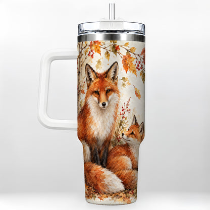 Autumn Fox 40oz Tumbler with Handle, Watercolor Woodland Travel Cup