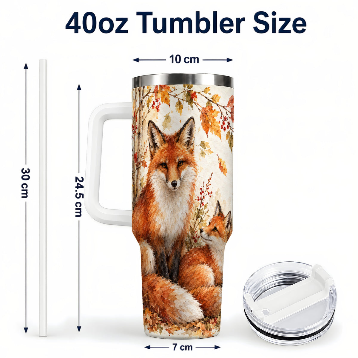 #pl[40oz|White] Autumn Fox 40oz Tumbler with Handle, Watercolor Woodland Travel Cup