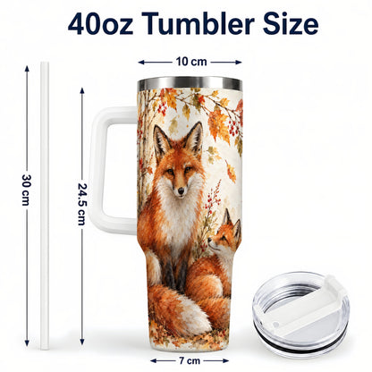 #pl[40oz|White] Autumn Fox 40oz Tumbler with Handle, Watercolor Woodland Travel Cup
