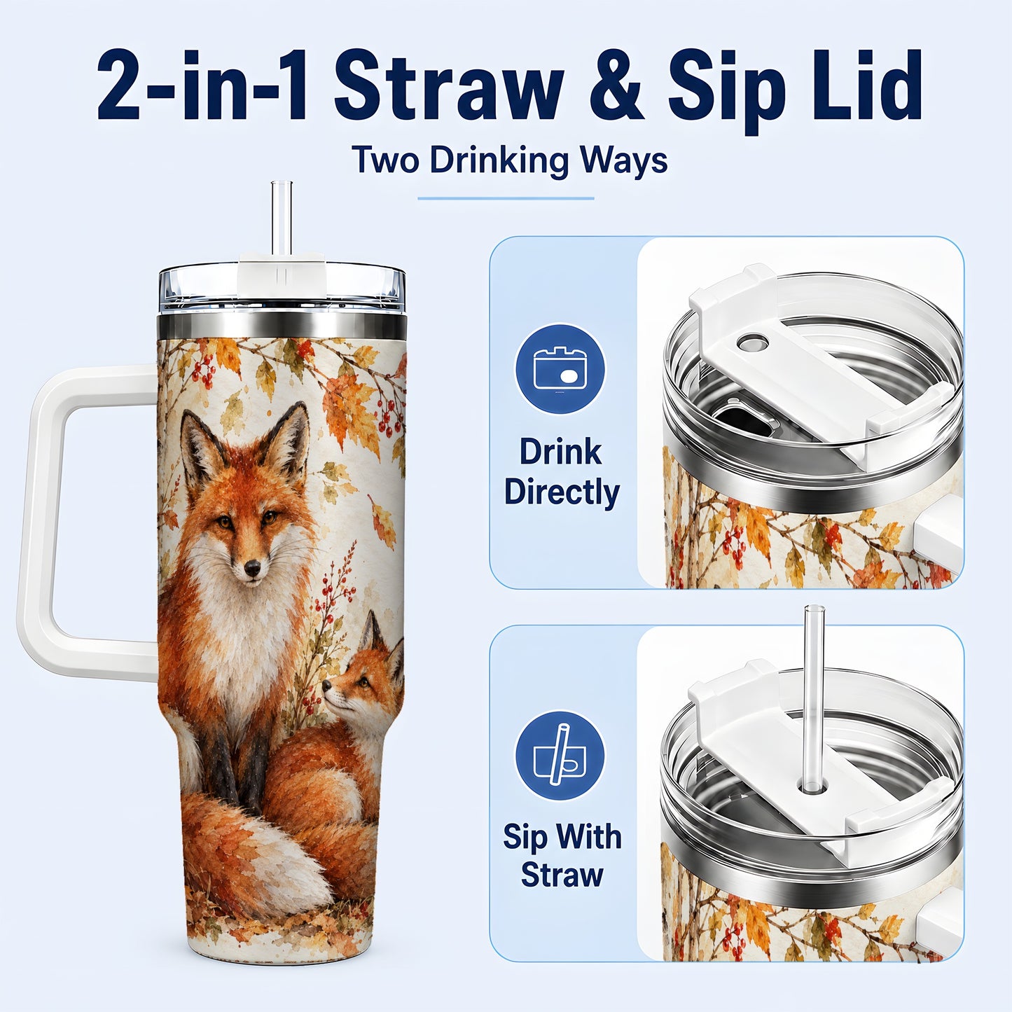 #pl[40oz|White] Autumn Fox 40oz Tumbler with Handle, Watercolor Woodland Travel Cup