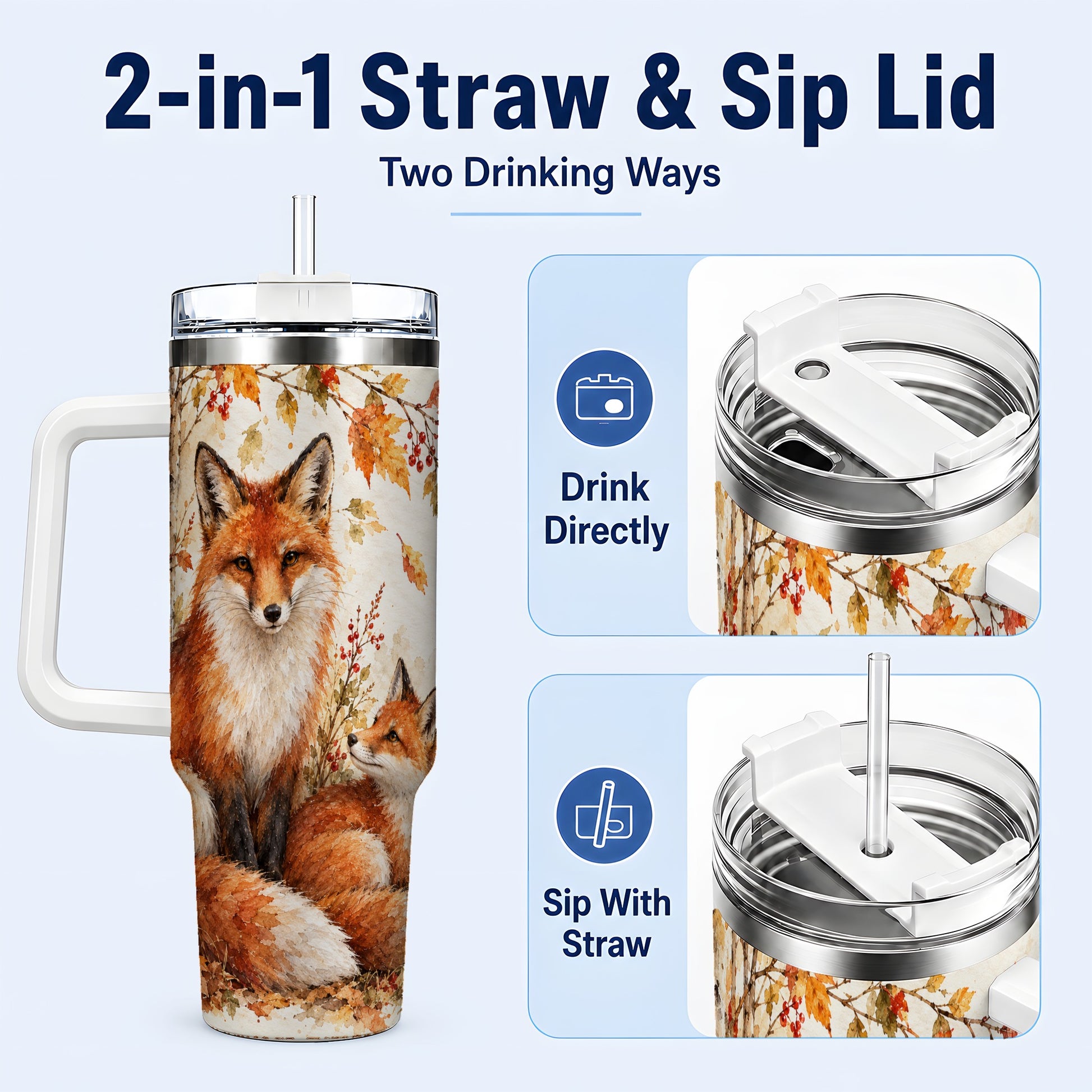 #pl[40oz|White] Autumn Fox 40oz Tumbler with Handle, Watercolor Woodland Travel Cup