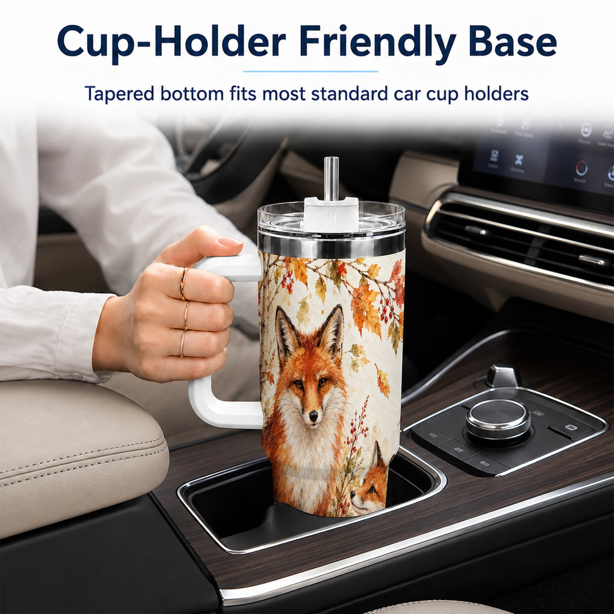#pl[40oz|White] Autumn Fox 40oz Tumbler with Handle, Watercolor Woodland Travel Cup