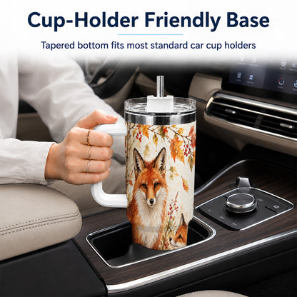 #pl[40oz|White] Autumn Fox 40oz Tumbler with Handle, Watercolor Woodland Travel Cup