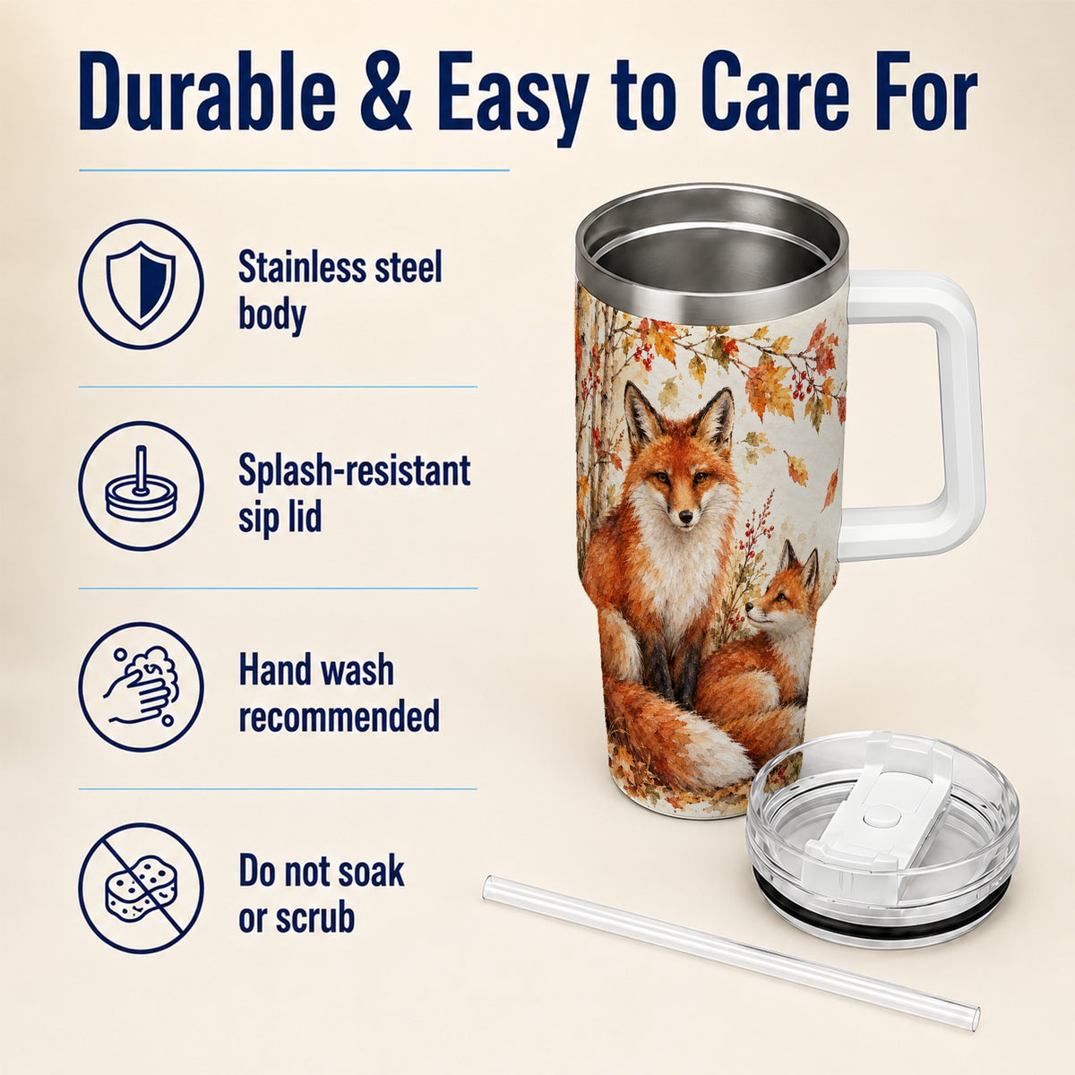 #pl[40oz|White] Autumn Fox 40oz Tumbler with Handle, Watercolor Woodland Travel Cup
