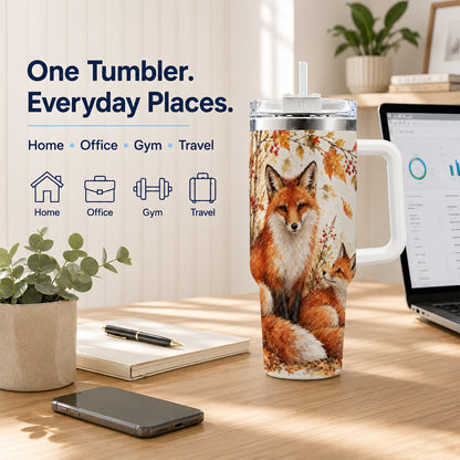 #pl[40oz|White] Autumn Fox 40oz Tumbler with Handle, Watercolor Woodland Travel Cup