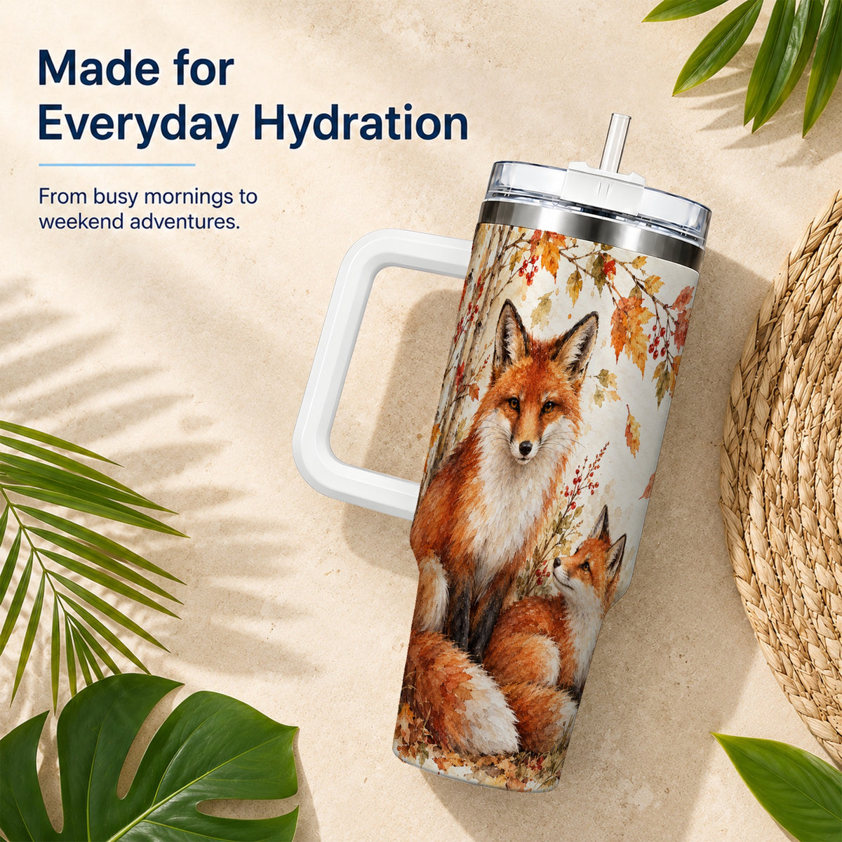#pl[40oz|White] Autumn Fox 40oz Tumbler with Handle, Watercolor Woodland Travel Cup