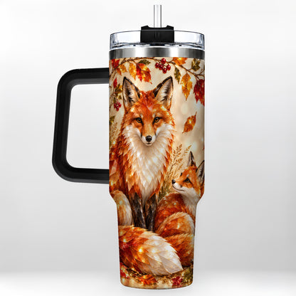 #pl[40oz|Black] Faceted Fox 40oz Tumbler with Handle, Autumn Woodland Travel Cup