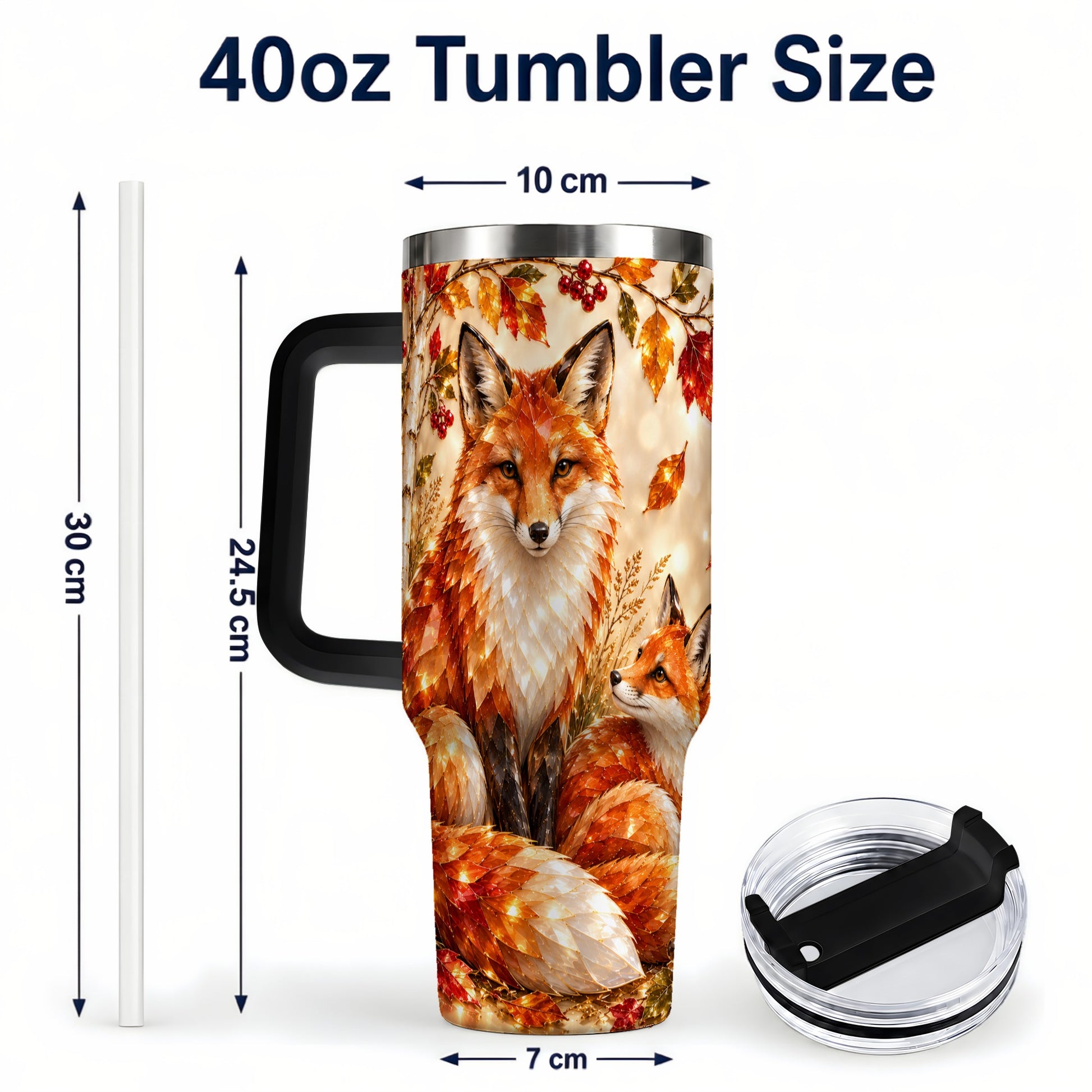 #pl[40oz|Black] Faceted Fox 40oz Tumbler with Handle, Autumn Woodland Travel Cup