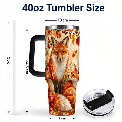 #pl[40oz|Black] Faceted Fox 40oz Tumbler with Handle, Autumn Woodland Travel Cup