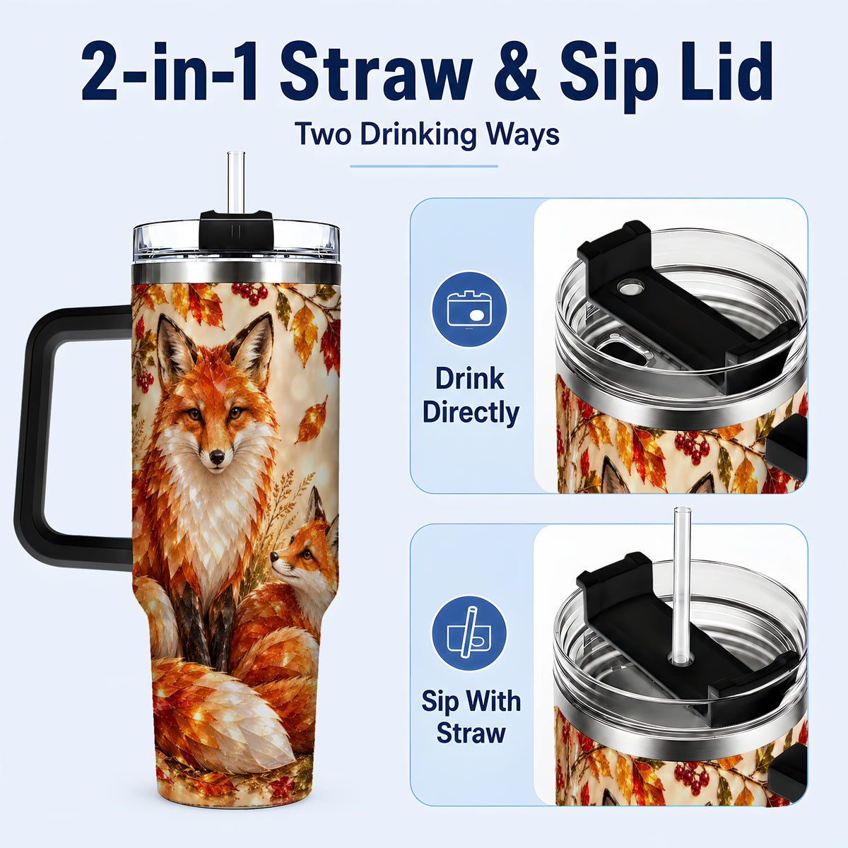 #pl[40oz|Black] Faceted Fox 40oz Tumbler with Handle, Autumn Woodland Travel Cup