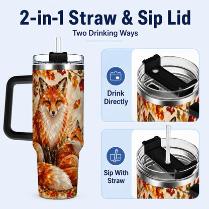 #pl[40oz|Black] Faceted Fox 40oz Tumbler with Handle, Autumn Woodland Travel Cup