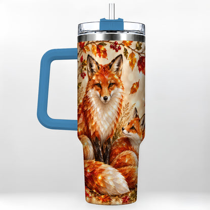 #pl[40oz|Blue] Faceted Fox 40oz Tumbler with Handle, Autumn Woodland Travel Cup