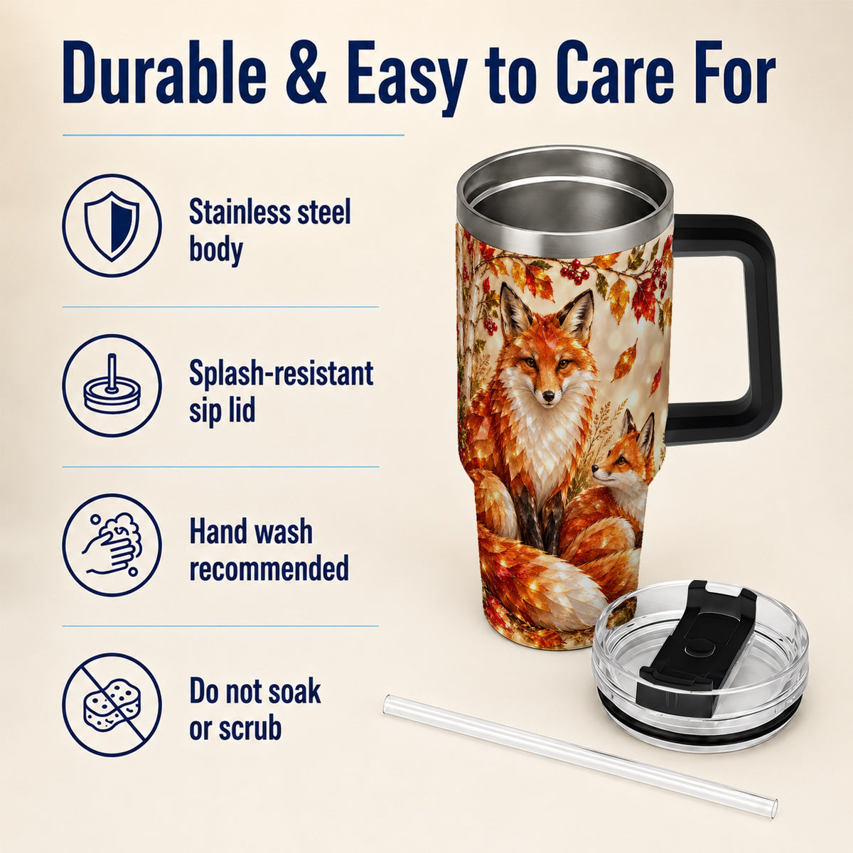 #pl[40oz|Black] Faceted Fox 40oz Tumbler with Handle, Autumn Woodland Travel Cup