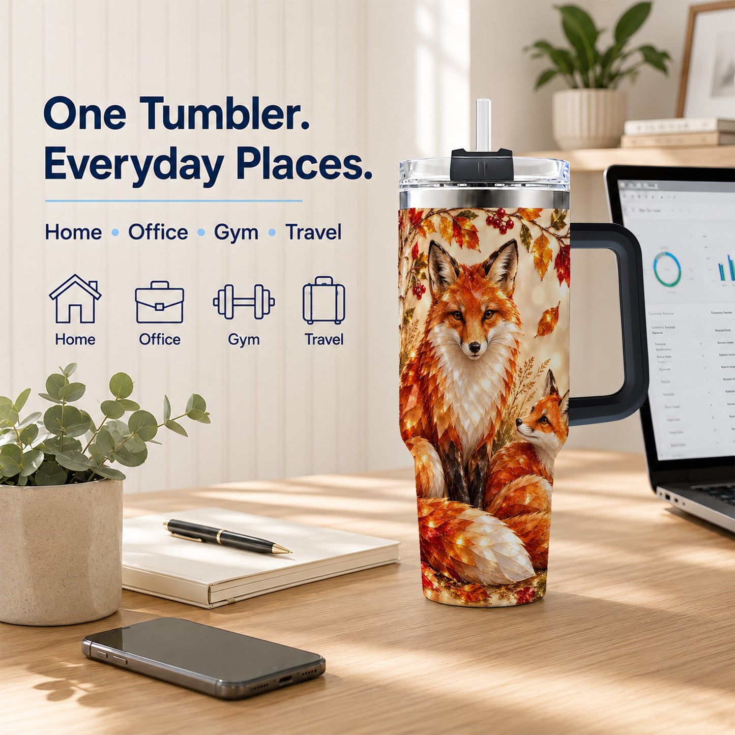 #pl[40oz|Black] Faceted Fox 40oz Tumbler with Handle, Autumn Woodland Travel Cup