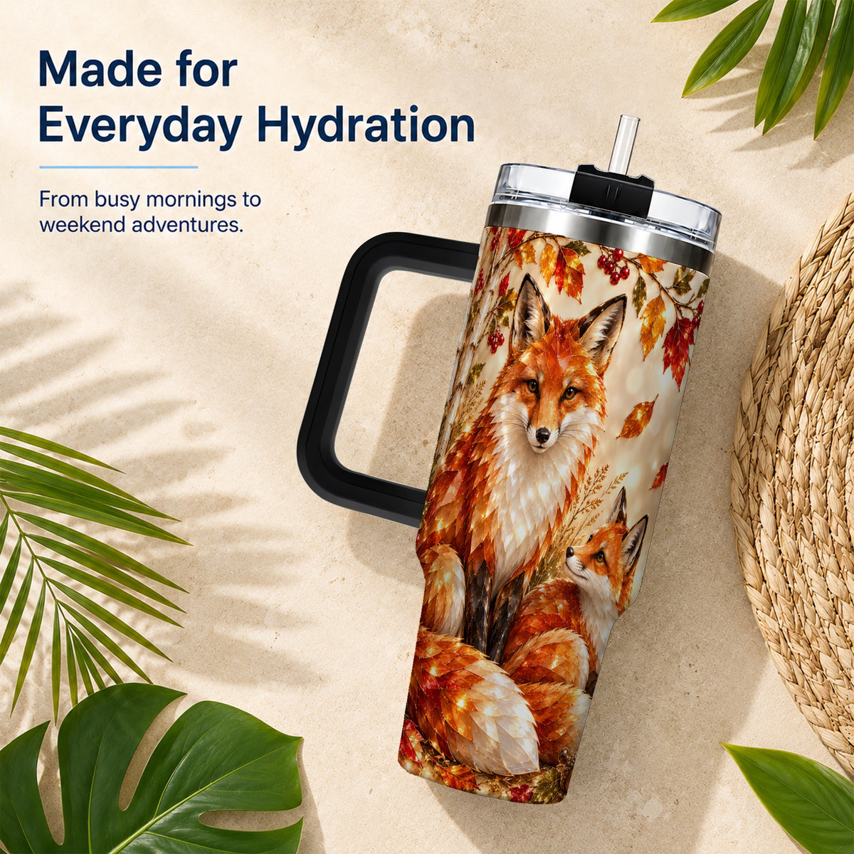 #pl[40oz|Black] Faceted Fox 40oz Tumbler with Handle, Autumn Woodland Travel Cup