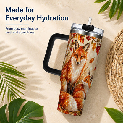 #pl[40oz|Black] Faceted Fox 40oz Tumbler with Handle, Autumn Woodland Travel Cup