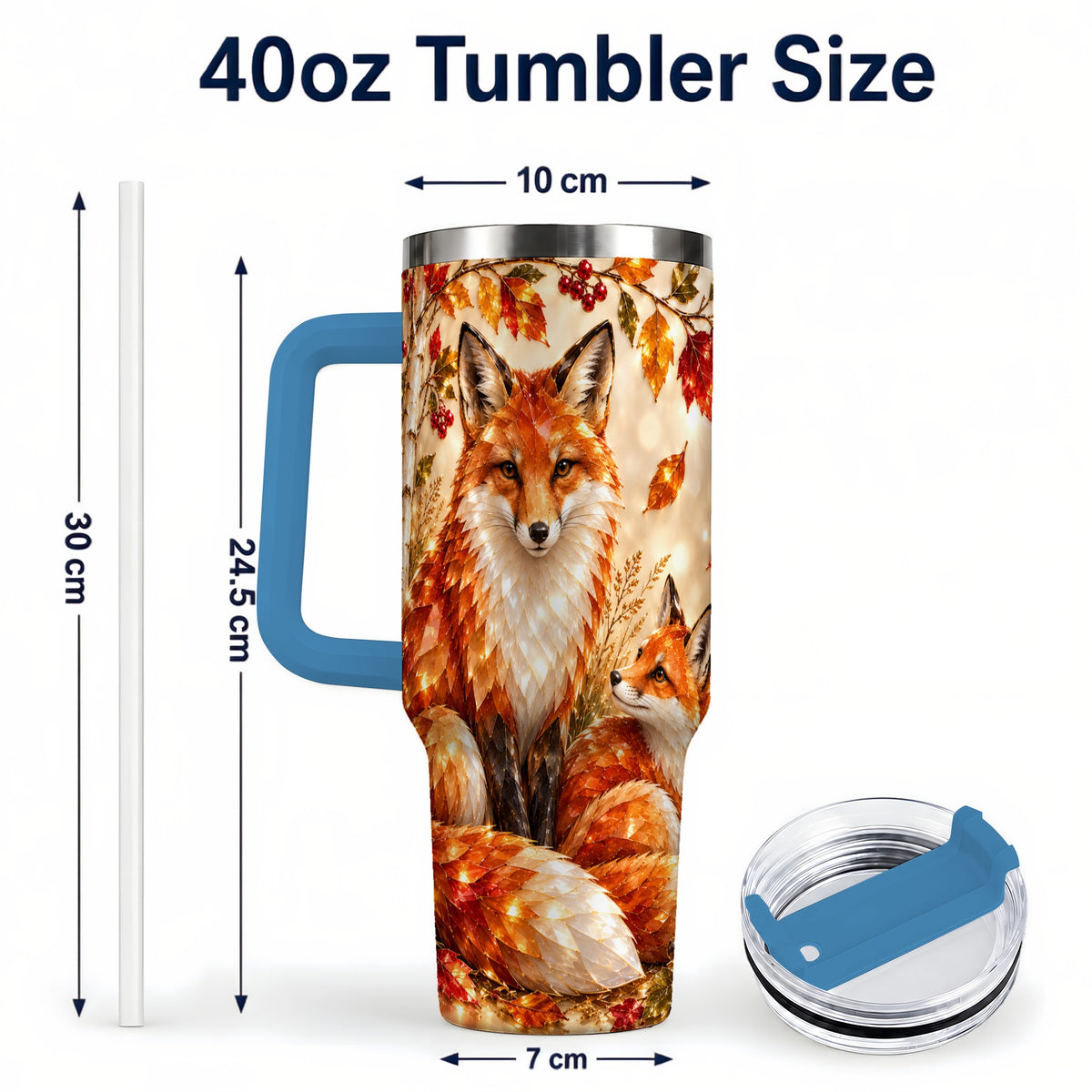#pl[40oz|Blue] Faceted Fox 40oz Tumbler with Handle, Autumn Woodland Travel Cup
