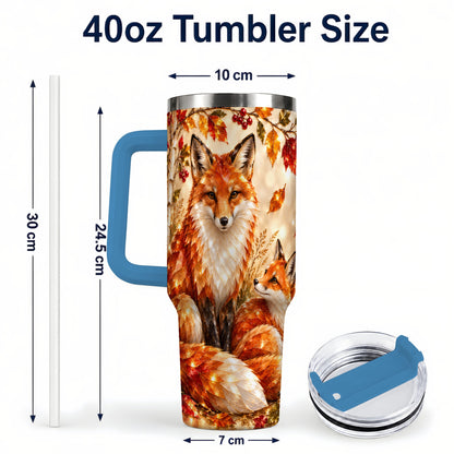 #pl[40oz|Blue] Faceted Fox 40oz Tumbler with Handle, Autumn Woodland Travel Cup