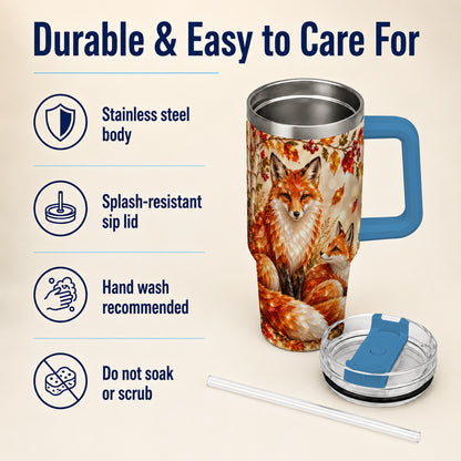 #pl[40oz|Blue] Faceted Fox 40oz Tumbler with Handle, Autumn Woodland Travel Cup