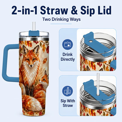 #pl[40oz|Blue] Faceted Fox 40oz Tumbler with Handle, Autumn Woodland Travel Cup