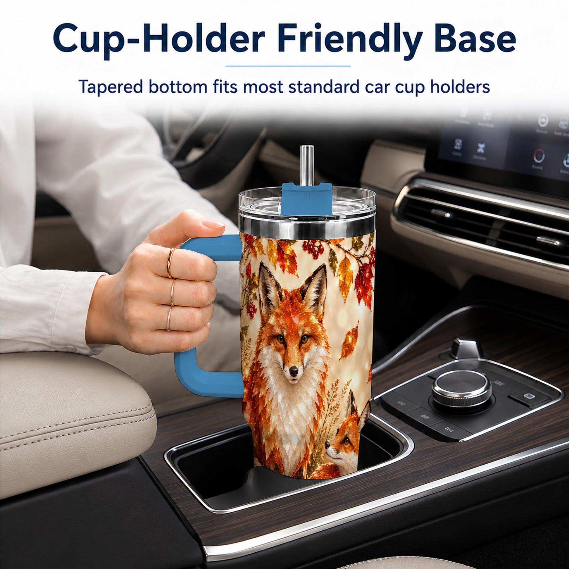 #pl[40oz|Blue] Faceted Fox 40oz Tumbler with Handle, Autumn Woodland Travel Cup