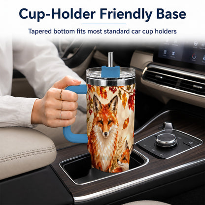 #pl[40oz|Blue] Faceted Fox 40oz Tumbler with Handle, Autumn Woodland Travel Cup
