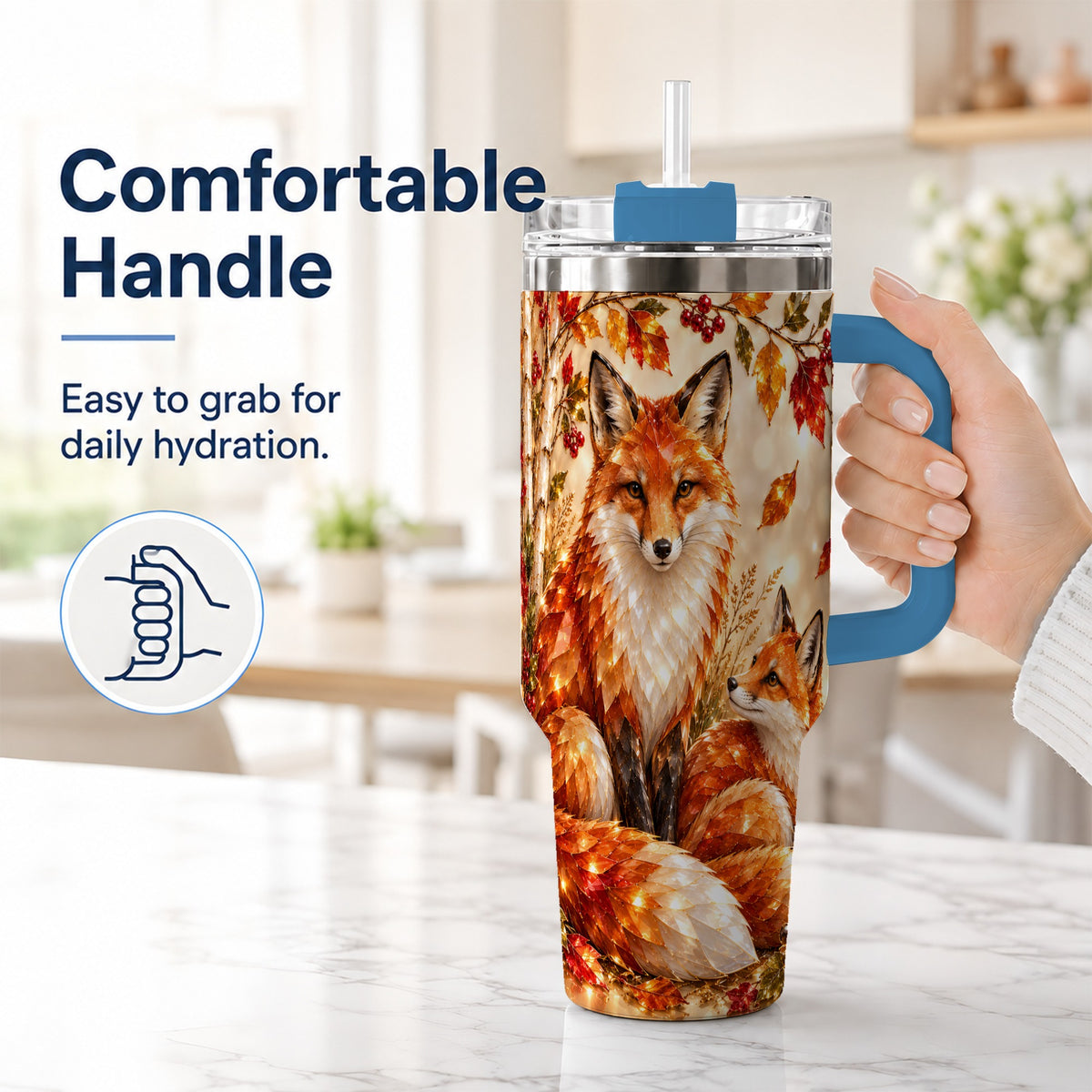 #pl[40oz|Blue] Faceted Fox 40oz Tumbler with Handle, Autumn Woodland Travel Cup